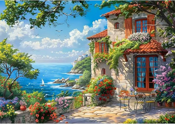 Misitu 1000 pieces jigsaw puzzle featuring a stone cottage with red tiled roof and wooden shutters surrounded by flowers
