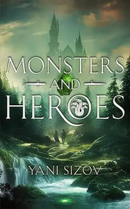 The book cover for monsters and heroes by yani sizov shows a fantasy castle with green skies and glowing waterfalls