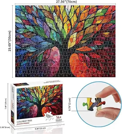 A vibrant mosaic tree of life puzzle with a black trunk and colorful stained-glass leaves in 1000 pieces for adults