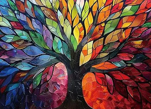 A vibrant mosaic tree of life puzzle with a black trunk and colorful stained-glass leaves in 1000 pieces for adults