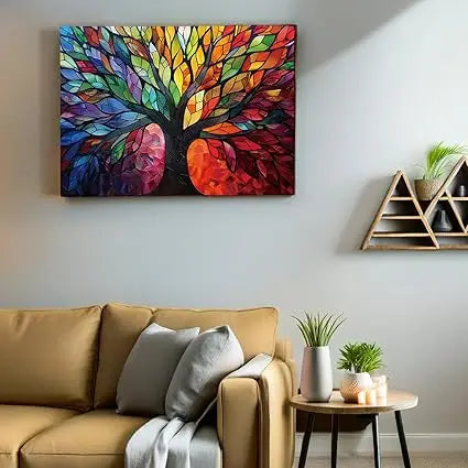 A vibrant mosaic tree of life puzzle with a black trunk and colorful stained-glass leaves in 1000 pieces for adults