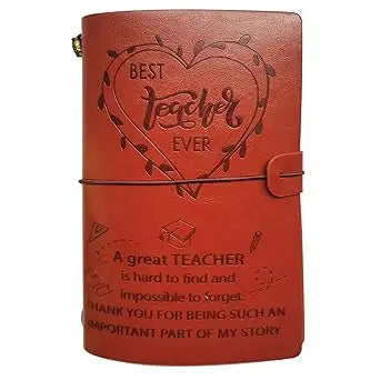Brown leather-bound journal with embossed heart and engraved best teacher ever message by mzinge thank-you teacher gifts