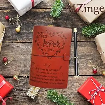 Brown leather-bound journal with embossed heart and engraved best teacher ever message by mzinge thank-you teacher gifts