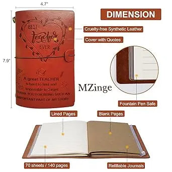 Brown leather-bound journal with embossed heart and engraved best teacher ever message by mzinge thank-you teacher gifts