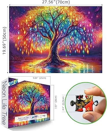 Neon life tree 1000 piece puzzle featuring a vibrant rainbow willow tree with glowing leaves under a starry sky