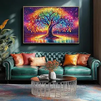 Neon life tree 1000 piece puzzle featuring a vibrant rainbow willow tree with glowing leaves under a starry sky