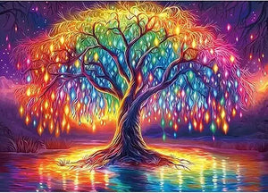 Neon life tree 1000 piece puzzle featuring a vibrant rainbow willow tree with glowing leaves under a starry sky