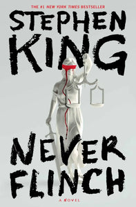 White statue of lady justice with red blindfold and blood-like streaks holding scales and sword in never flinch product