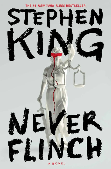 White statue of lady justice with red blindfold and blood-like streaks holding scales and sword in never flinch product