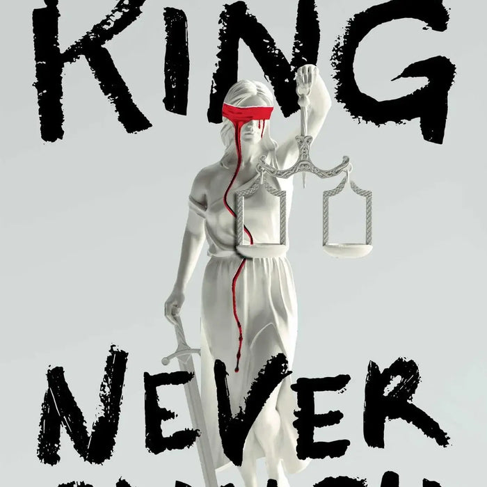 White statue of lady justice with red blindfold and blood-like streaks holding scales and sword in never flinch product