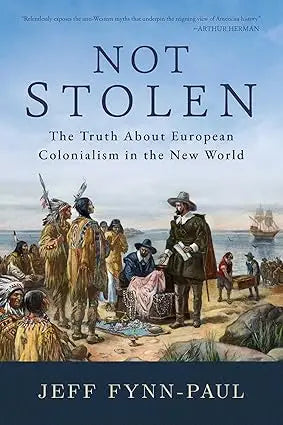 The book cover of Not Stolen features dark blue serif title above a historic illustration of colonists and native americans