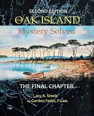 The oak island mystery solved second edition book cover shows a serene coastal scene with trees and a small boat