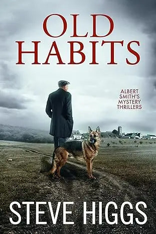 The book cover of old habits features bold red title text with a man and his german shepherd on an overcast field