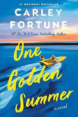 One golden summer yellow boat with two people on blue ocean under sunset sky for relaxing summer outings