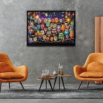 A vibrant cartoon style owl family puzzles for adults 1000 pieces with colorful owls on branches under a starry sky
