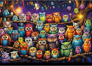 A vibrant cartoon style owl family puzzles for adults 1000 pieces with colorful owls on branches under a starry sky