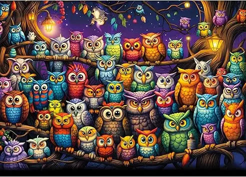 A vibrant cartoon style owl family puzzles for adults 1000 pieces with colorful owls on branches under a starry sky