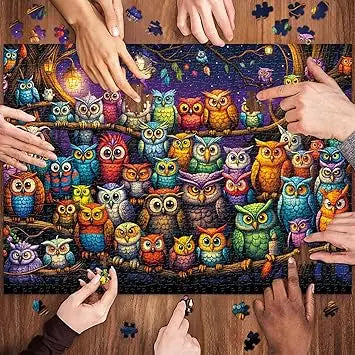 A vibrant cartoon style owl family puzzles for adults 1000 pieces with colorful owls on branches under a starry sky