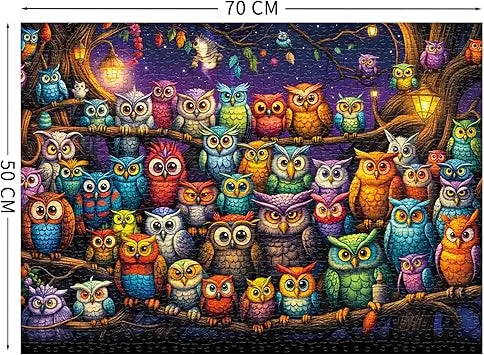A vibrant cartoon style owl family puzzles for adults 1000 pieces with colorful owls on branches under a starry sky