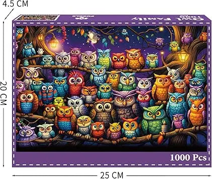 A vibrant cartoon style owl family puzzles for adults 1000 pieces with colorful owls on branches under a starry sky