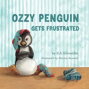 A charming black and white penguin plush with a red and blue patterned headscarf sitting on a wooden floor next to shoes