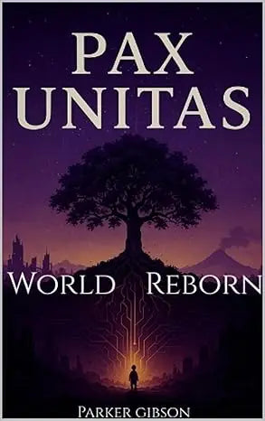Book cover of pax unitas world reborn featuring bold white title and silhouette before ancient tree with glowing roots at twilight