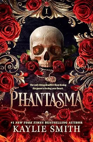 Phantasma dark ornate book cover with central skull, vibrant red roses, and intricate gold filigree design