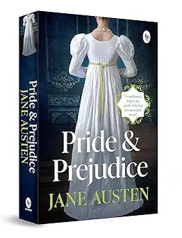 The pride and prejudice book cover features a white gown with puffy sleeves and gold trim in an elegant design