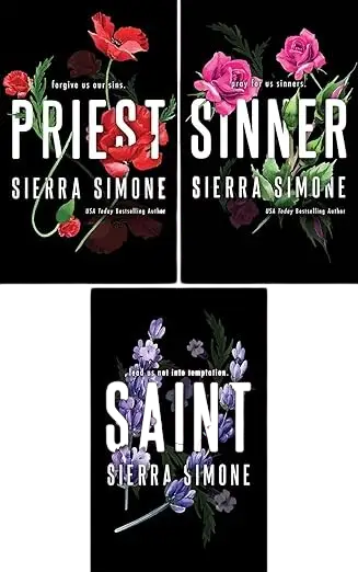 Black book covers with floral designs featuring priest sinner and guilt titles in priest series 3 books set by sierra simone