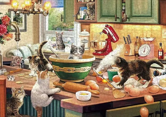 Red metal stand mixer with mixing bowl attached featured in a 1000 piece kitchen cats puzzle for adults
