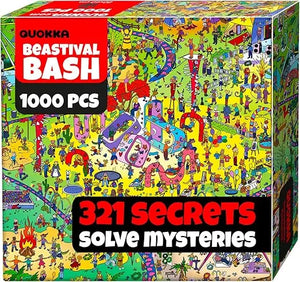 Quokka 1000 piece jigsaw puzzle box featuring a vibrant colorful festival illustration with 321 secrets to solve