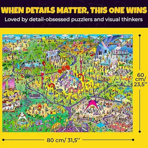 Vibrant 1000 piece adult jigsaw puzzle by QUOKKA featuring an intricate colorful amusement park scene Mythories Pawchella