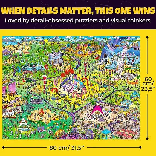 Quokka 1000 piece jigsaw puzzle box featuring a vibrant colorful festival illustration with 321 secrets to solve