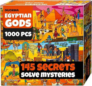 Quokka 1000 piece puzzle for adults featuring vibrant orange pink and blue illustrations of egyptian gods pyramids and hieroglyphs