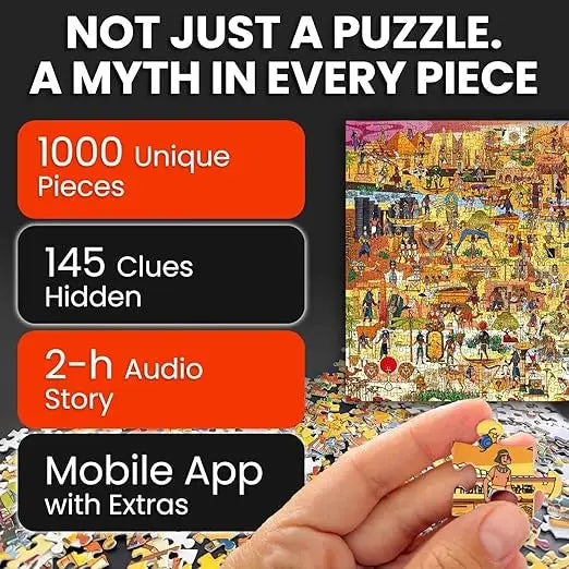 Quokka 1000 piece puzzle for adults featuring vibrant orange pink and blue illustrations of egyptian gods pyramids and hieroglyphs