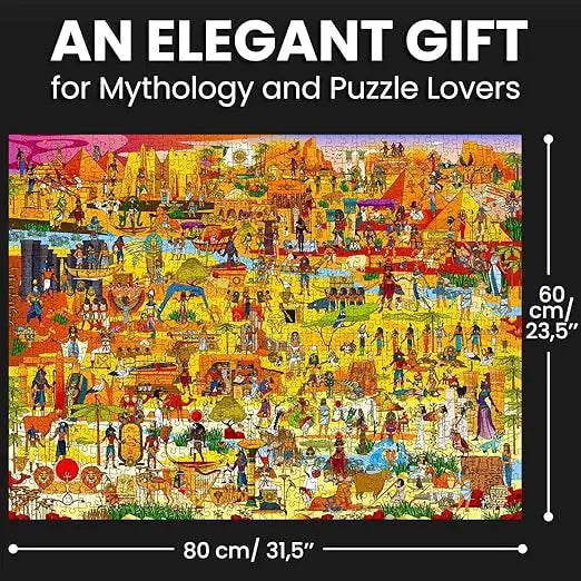 Quokka 1000 piece puzzle for adults featuring vibrant orange pink and blue illustrations of egyptian gods pyramids and hieroglyphs
