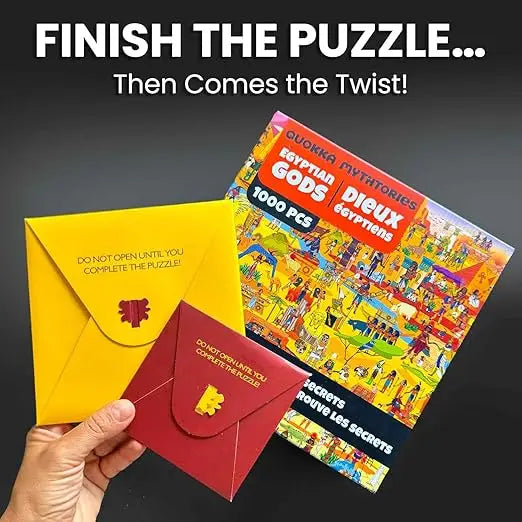 Quokka 1000 piece puzzle for adults featuring vibrant orange pink and blue illustrations of egyptian gods pyramids and hieroglyphs