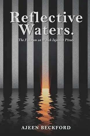 The book cover of reflective waters features a white serif title on black and gray stripes with an orange sunset reflection