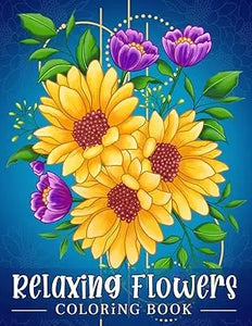 Relaxing flowers coloring book with vibrant yellow sunflowers and purple blossoms on a deep blue background