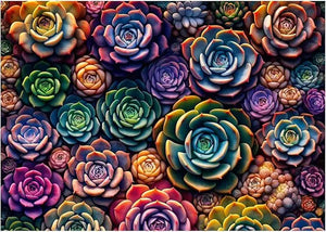 Rocorose 1000 piece puzzle for adults featuring a vibrant colorful succulent plants arrangement in purple blue green and orange