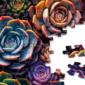 A rocorose 1000 piece puzzle for adults featuring a colorful jigsaw of blue purple orange and green succulents