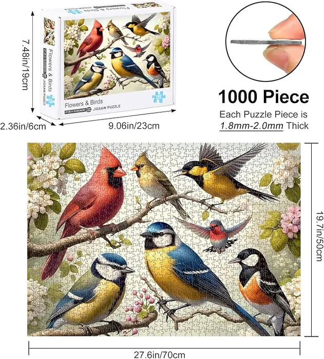 Rocorose 1000 piece puzzle for adults featuring colorful birds perched on branches with blossoming flowers