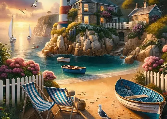 Blue and white striped beach lounge chairs featured in rocorose 1000 piece lighthouse coast jigsaw puzzle for adults