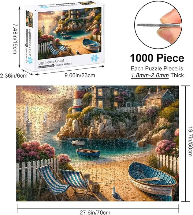 Blue and white striped beach lounge chairs featured in rocorose 1000 piece lighthouse coast jigsaw puzzle for adults