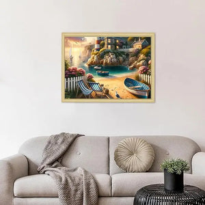 A framed coastal scene painting puzzle with golden frame depicting boats and houses under sunset sky for family fun