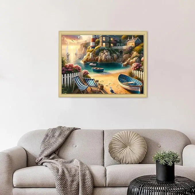 Blue and white striped beach lounge chairs featured in rocorose 1000 piece lighthouse coast jigsaw puzzle for adults
