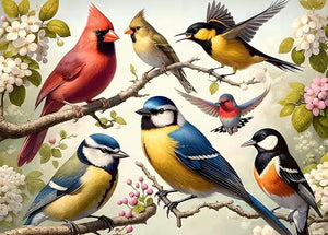 Rocorose 1000 piece puzzle for adults featuring colorful birds perched on branches with blossoming flowers