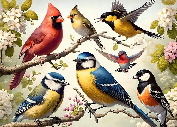 Rocorose 1000 piece puzzle for adults featuring colorful birds perched on branches with blossoming flowers