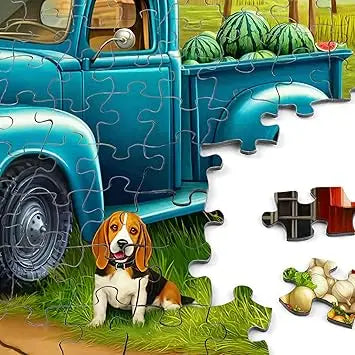 Blue vintage pickup truck parked in front of red country store on rocorose 1000 pieces autumn jigsaw puzzle for adults