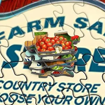 Blue vintage pickup truck parked in front of red country store on rocorose 1000 pieces autumn jigsaw puzzle for adults